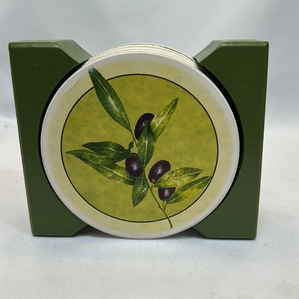Sandstone Coasters with Olive Leaf Design and Green Wooden Holder-Set of 4